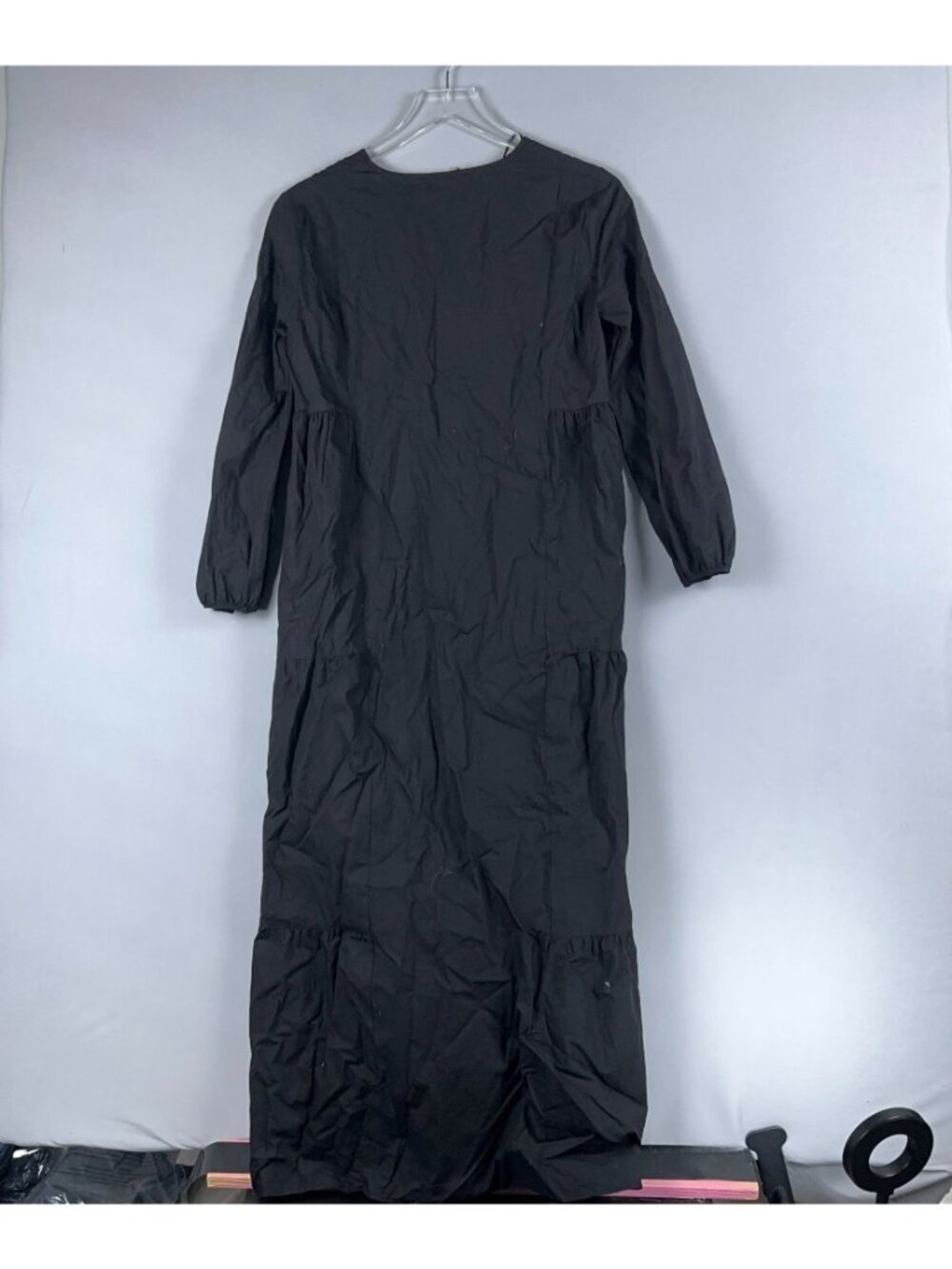 Zara Tiered Maxi Dress Size Small Black 100% Cotton Long Sleeve V Neck - Picture 6 of 14